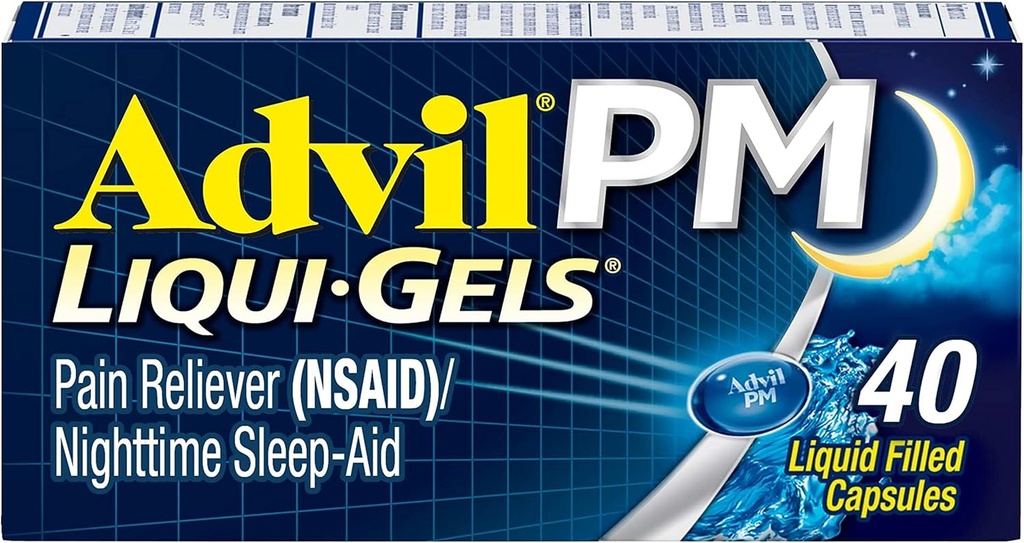 Advil PM sāpes Reliver un nakts miega palīglīdzeklis, sāpes Medicīna ar Ibuprofēnu sāpju atvieglošanai un difenhidramīna citrāts miega palīglīdzeklim - 40 apvalkotas kapsulas