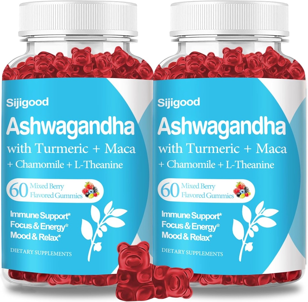 2 Iepakojums Ashwagandha Gummies with L-teanine, Ashwa Root Papildinājums Gummy sievietēm vīriešiem, 120 Jauktas Ogas aromatizēti gumijas