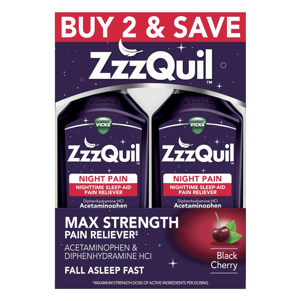 ZzzQuil Šķidrais Max Strength Reliever, Nakts miega palīglīdzeklis Šķidrums, Acetaminofēns 1000 mg, Difenhidramīns 50 mg HCI, Ne- Habit Formēšana, Black Cherry Flavored, 2 Pack, 24 FL OZ