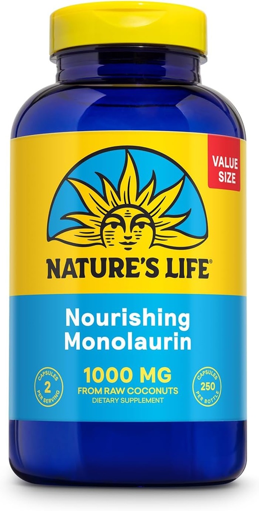 Dabas Dzīvība Monolaurin 1000 mg, Barojošs Monolaurin no dabas Raw Coconut, Imūnās atbalsta papildinājums, Gut Health, līdzsvarota Gut Flora, 60 dienu garantija, 125 Servējumi, 250 Veģetārās kapsulas