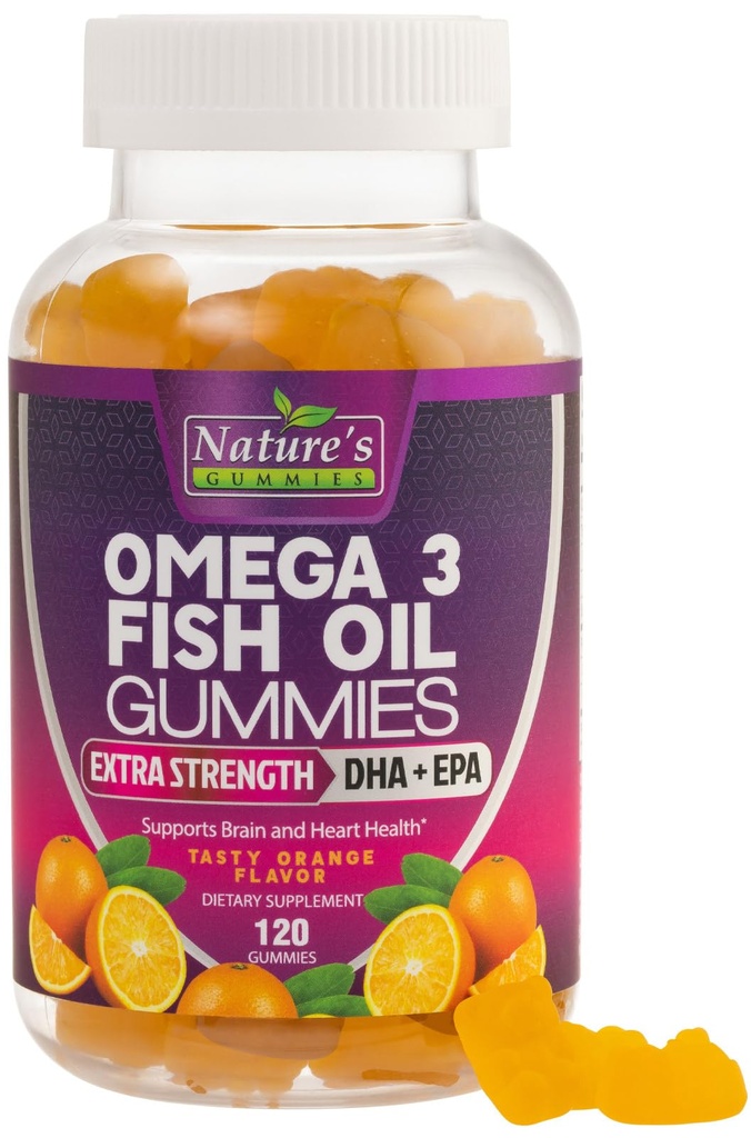 Omega 3 Zivju eļļas Gumijas, Sirds Veselīgs Omega 3 Gummy Papildinājums ar augstu Absorbciju DHA & EPA, Extra Strength Locītavu un smadzeņu atbalsts, Delicious Orange Flavor Fish Oil Dabas vitamīns - 120 Gumijas