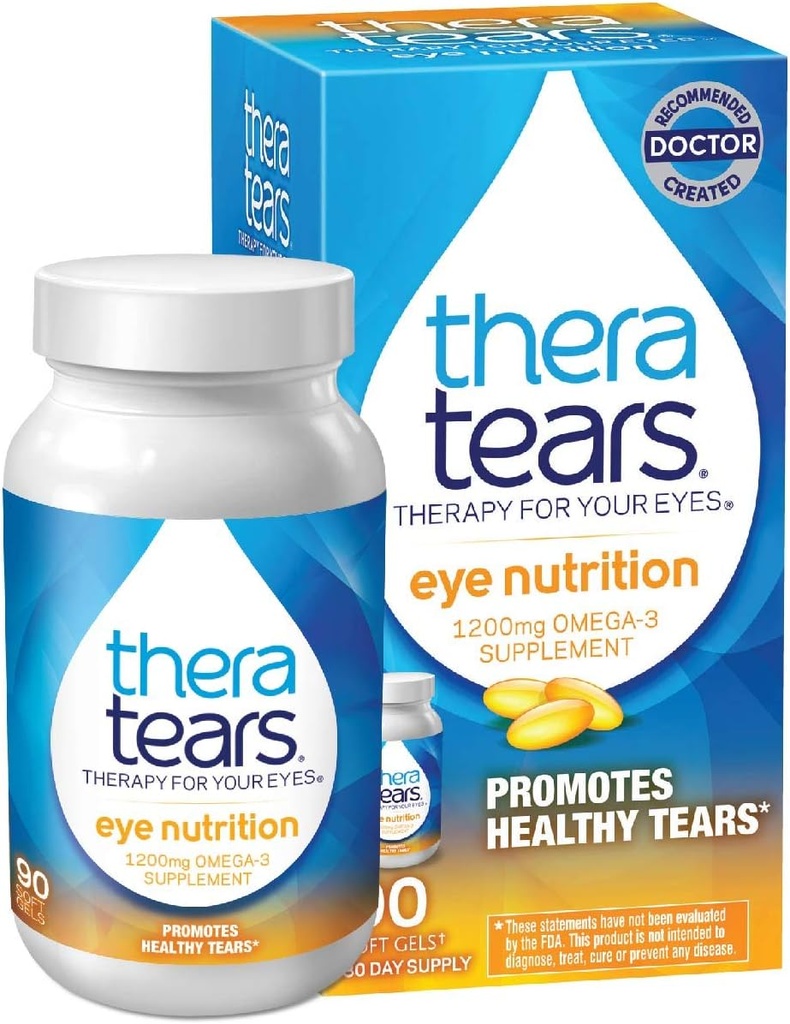 TheraTears 1200mg Omega 3 papildinājums acu uzturam, organisko flaxeed triglicerīda zivju eļļai un E vitamīnam, 90 grādos