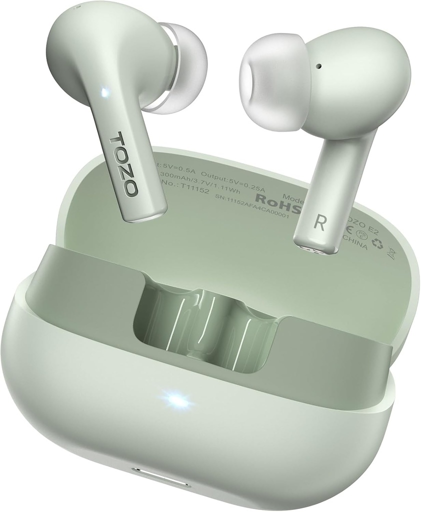 TOZO E2 Bezvadu earbuds ar 2 Mics AI zvanu trokšņa atcelšana, 10mm Drivers ar Powerful Bass, App Pielāgo 32 EQs, 30H Playtime, Bluetooth 5.3 Ausu Buds, Comfort Fit in-Ear austiņām