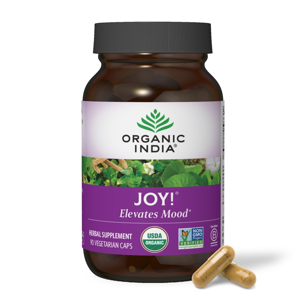ORGANIC INDIA Joy Herbal papildinājums - Imūnsupport, veicina atmiņu un koncentrēšanās, Vegan, bez lipekļa, Kosher, USDA Certified Organic, ne-GMO, Kalmēšanas - 90 kapsulas