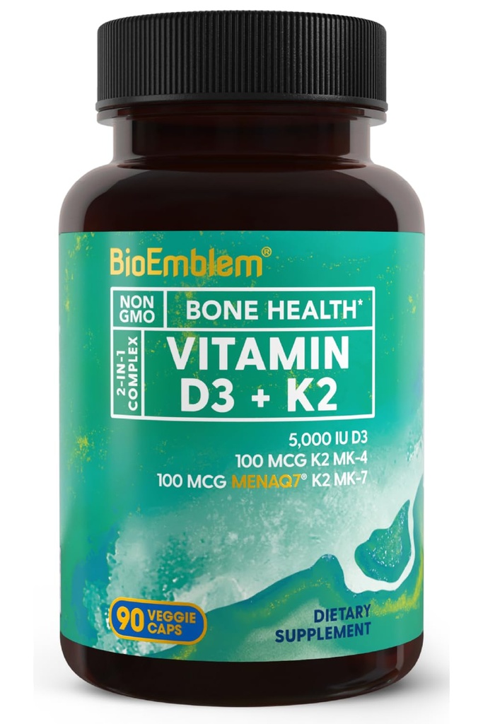 Bioemblem D3 vitamīna K2 kapsulas (5000IU un 200mkg) - patentēts MK7 un MK4 3-in-1 kompleksajam atbalstam - Veģetārs D vitamīna K2 papildinājums zobiem, sirdij, imūnai sistēmai - ne-GMO, 90 vāciņi