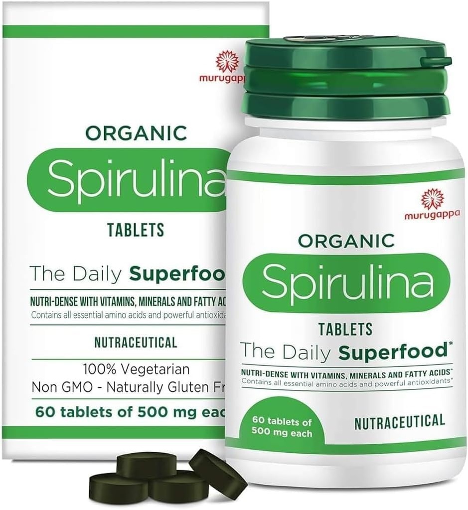 DURJA Organic Spirulina tabletes - Lielākā daļa bio-pieejams proteīns & Nutri-Dens Superfood - , Imunity un veselības papildinājums , Metabolisma pastiprinātājs , 100% Vegan , 60 tabletes (500mg katra) ...