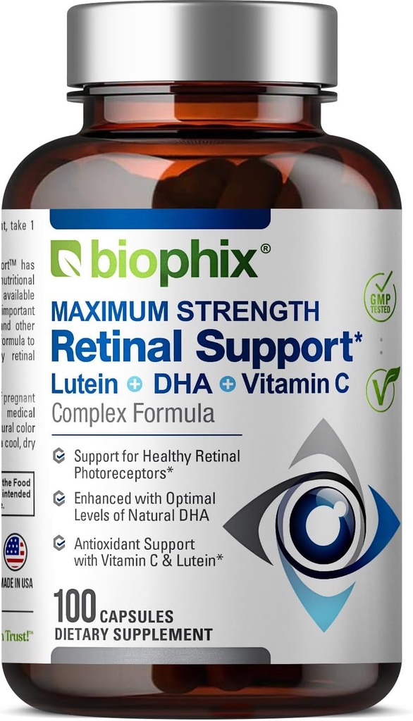 biophix Retinal Support Maximum Strength Complex Formula 100 Kapsulas - Cinka vitamīns C E Luteīns DHA Omega-3 Astaksantīns Hialuronskābe - atbalsta acu redzes veselību