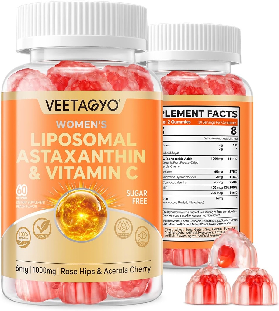 Astaksantīns Papildinājumi 6mg + Liposomu vitamīns C 1000mg - Divslāņu - Niacīns B6,B12,folāts,Biotīns - Antioksidanti - Bez želatīna, C60Cts