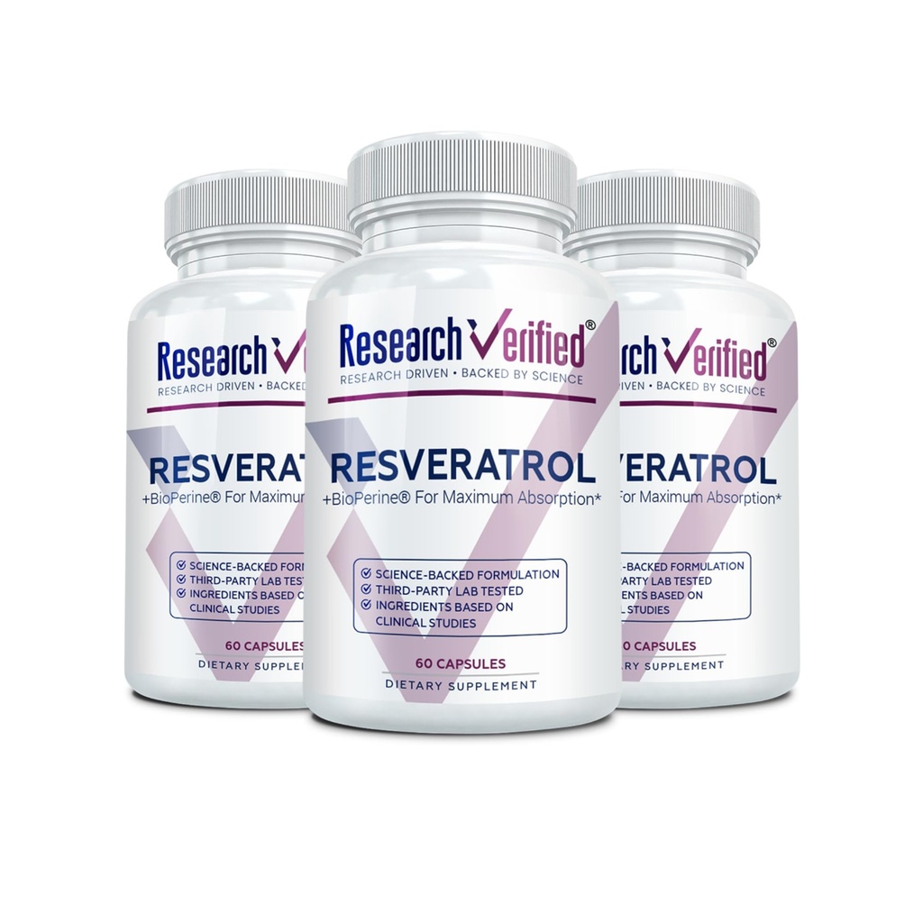 Research Verified Resveratrol - 98% Trans-Resveratrol 1000 mg, Anti-Aging atbalsts - 60 kapsulas vienā pudelē - 3 pudeles