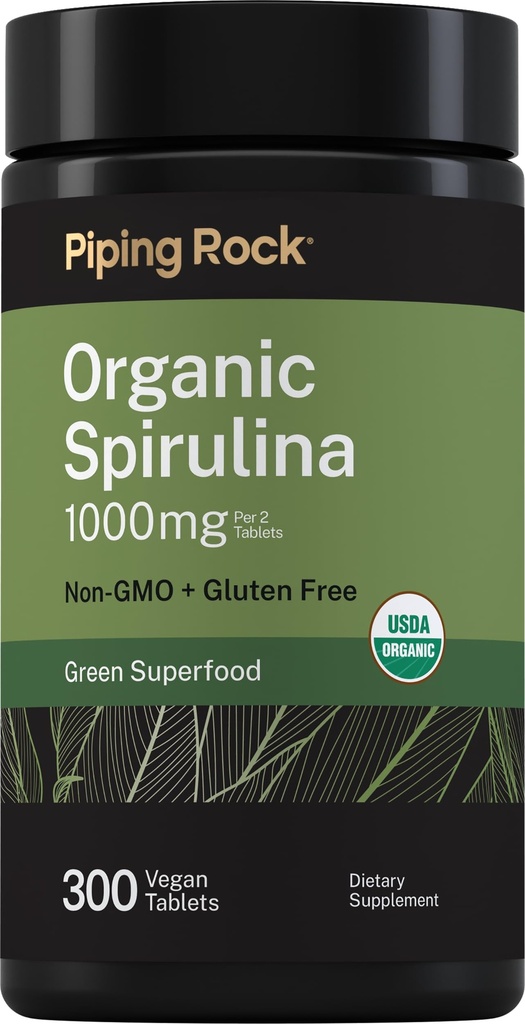 Pīlinga iezis Organic Spirulina - 1000mg - 300 Tabletes - Arthrospira Platensis - Veģetārietis, ne-ĢMO, bezglutēna Papildinājums