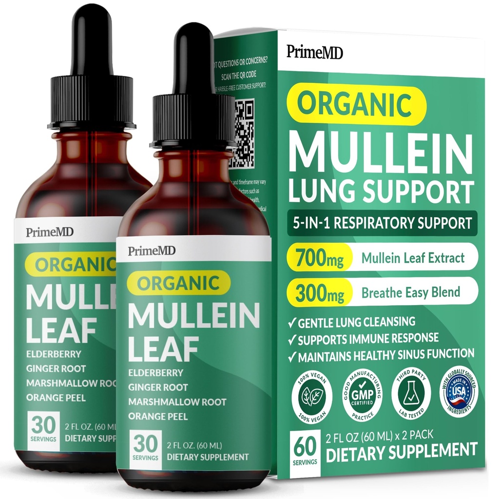 5-in-1 Mullein pilieni plūmju un bronhu - elpošanas plaušu veselības atbalsts ar Mullen Leaf ekstraktu plūmju - Mullein Tincture ar plūškoka, ehinācijas un ingvera saknes (60 Servējumi) (2-paka)