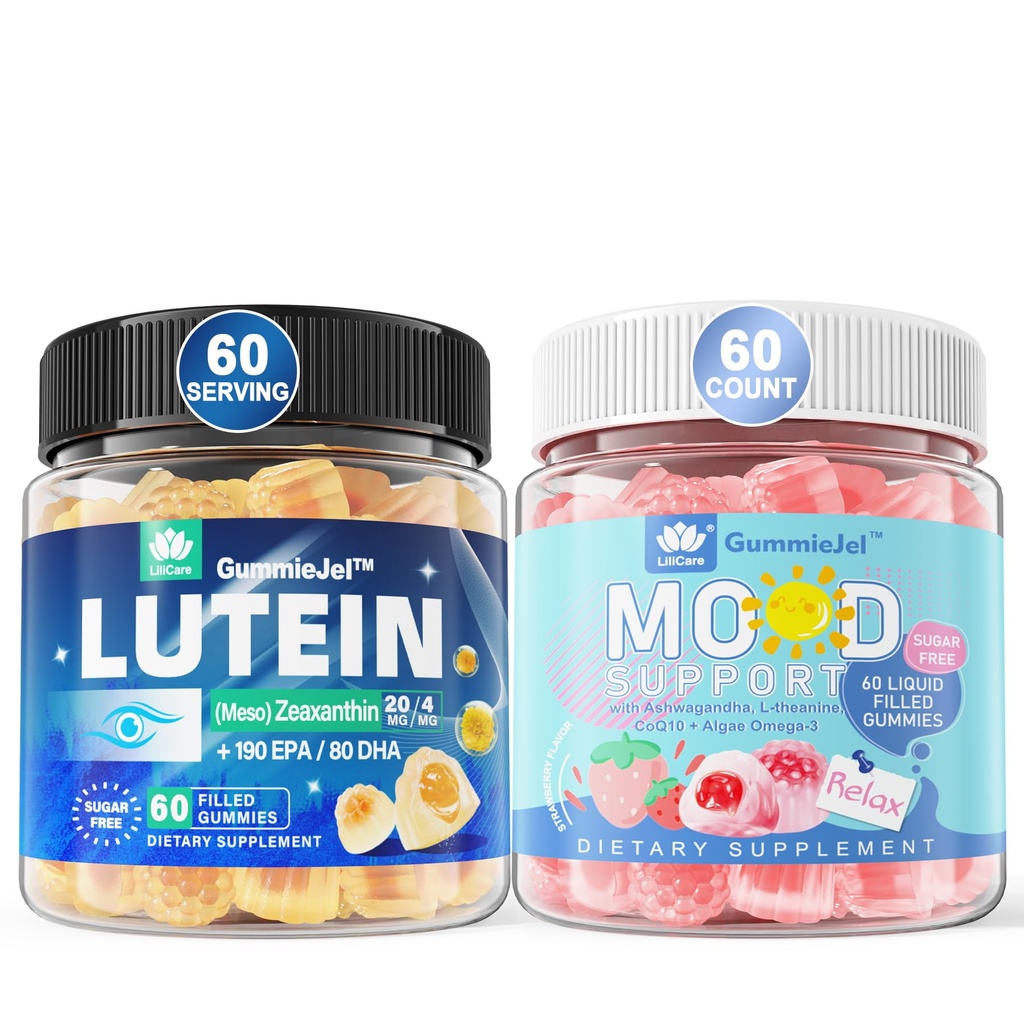 Bezcukura luteīns 20mg Zeaxanthin Pildīti gumijas + Dabīgs kalm pildīti gumijas pieaugušajiem ar Ashwagandha un Vegan Omega 3
