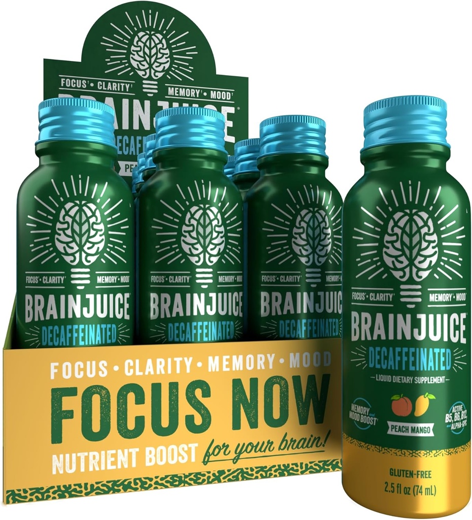BrainJuice Decaf Smadzeņu atbalsts Shot, bezglutēna papildinājums Shot enerģijai un fokusam, veselīgi dzērieni ar alfa GPC, vitamīns B & Deaffeinated Green Tea Leaf, persiku Mango, 2,5 fl oz, 12 Pack