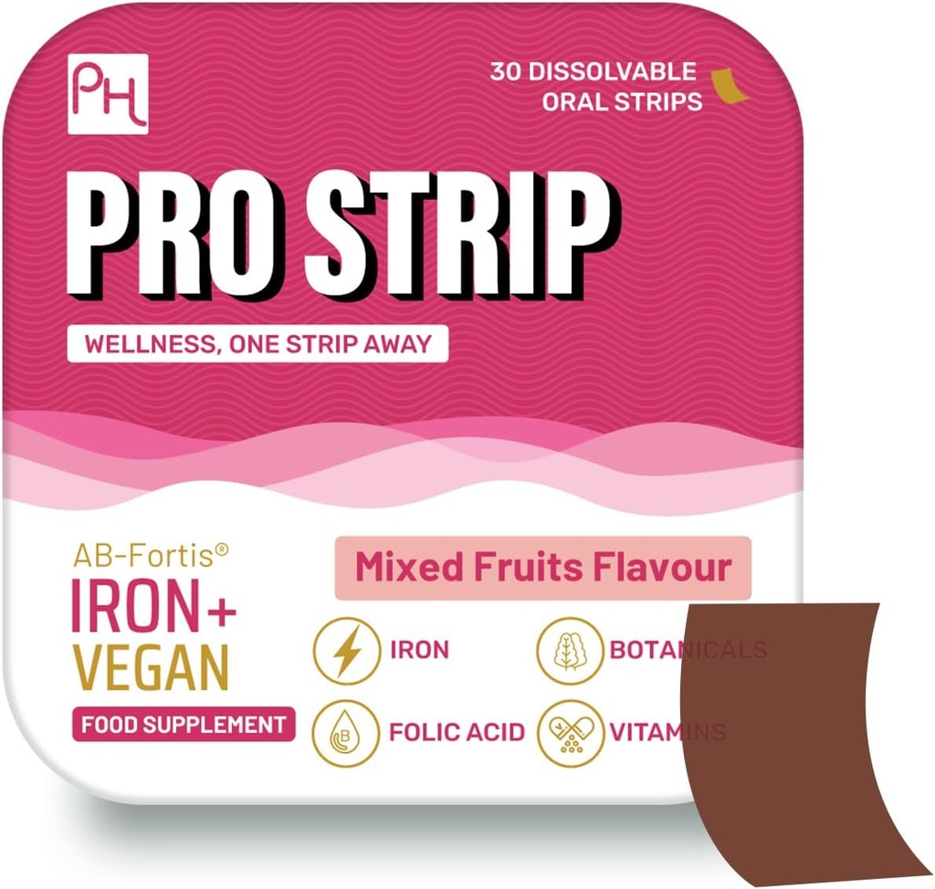 PROSTRIP® Iron+ AB-Fortis® 14mg Pievienojot C vitamīnu, B1, B2, B6, Folijskābe, bietes, spināti un Tart Cherry – 30 orālas vegana lentes – Nav nepieciešams ūdens – Augsta Absorbcija ar Prowis Healthcare
