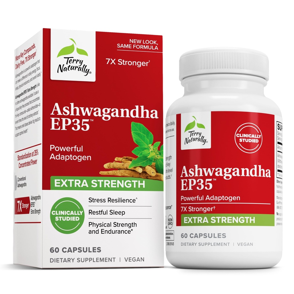 Terry Dabīgi Ashwagandha EP35 Papildu stiprums - Augu papildinājums miega atbalstam - palīdzība veselīga stresa reakcija - Izturība un enerģijas atbalsts - 60 kapsulas (60 Kalpo)