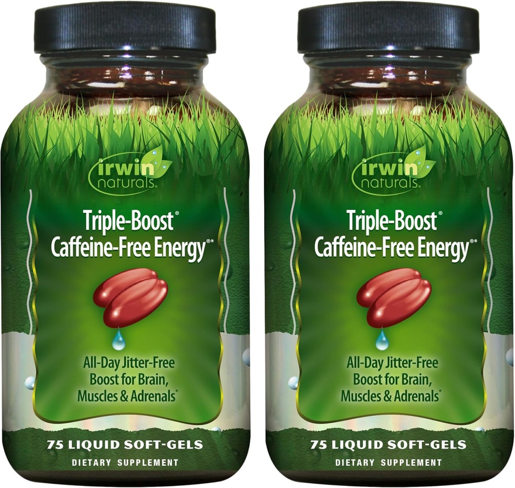 Irwin Naturals Triple-Boost kofeīna-free enerģija – 75 Šķidrie soft-Gels – Adaptogenic Daily Energy Support - 2 Pack