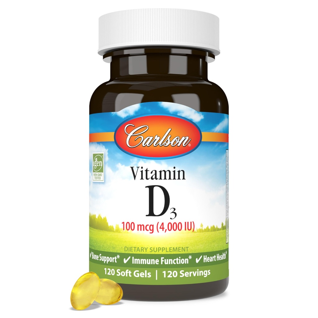 Carlson - D3 vitamīns, 4000 SV (100 μg), D vitamīna piedevas, kaulu un imūnā veselība, holekalciferola papildinājums, bezglutēna D vitamīna kapsulas, 120 softgeli