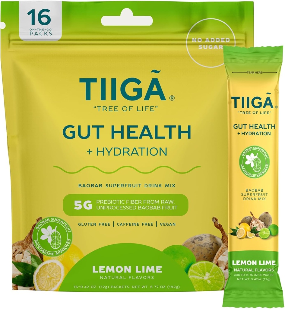 Tiiga Gut Veselība + hidratācijas Dzēriens Mix – 7g Baobab, 5g Prebiotic Fiber, Elektrolīti, Nē Piens, Vegan, Nav Pievienots Cukura, Gremošanas, Regulārība, & Aizcietējums – 16 Kalpo