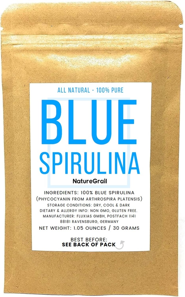 Blue Spirulina pulveris - 100% Pure Phycocianin - Deep Blue Pārtikas Krāsošana - Arthrospira Platensis - Neto svars: 1.05oz/30g