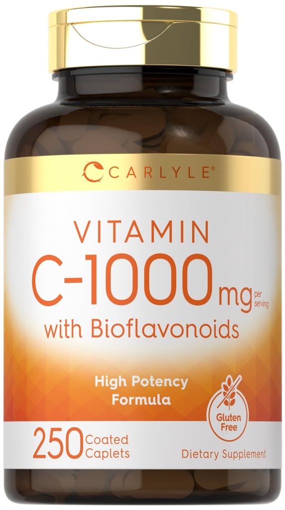 Carlyle vitamīns C 1 000mg - ar Rose Hips un Citrus Bioflavonoids - 250 Caplets - Veģetārs, nav GMO, bez lipekļa Papildinājums