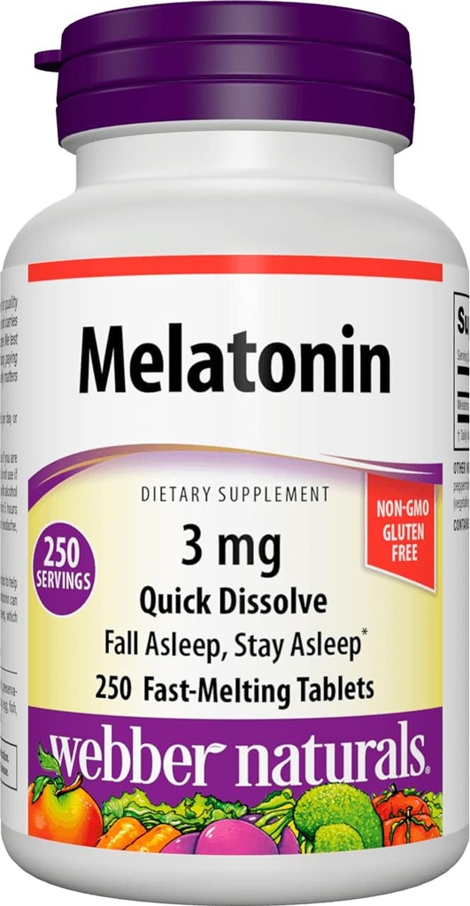 Webber Naturals Melatonīns 3 mg, Easy Dissolve, 250 tabletes, 100% bez zāļu lietošanas Miega līdzeklis pieaugušajiem, bez lipekļa, bez GMO, piemērots veģetāriešiem