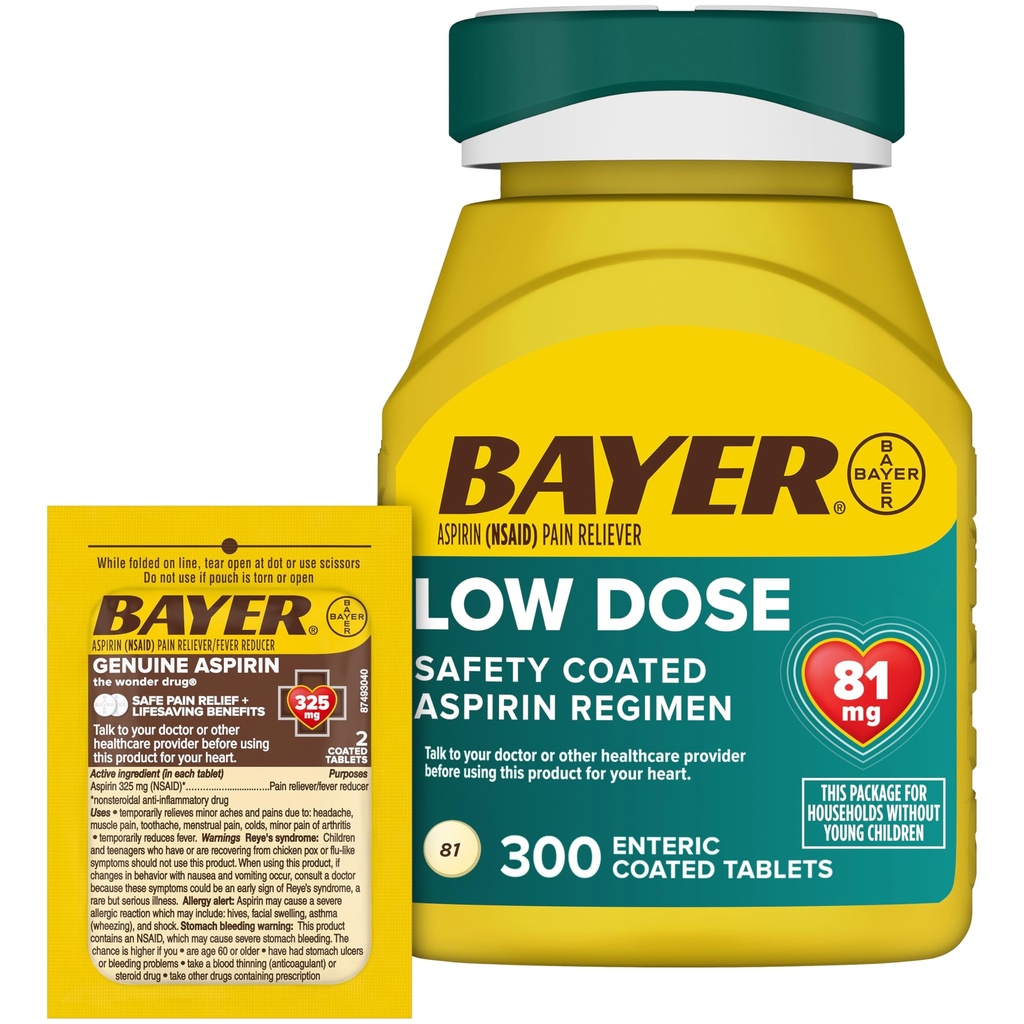 Bayer Aspirin 81mg apvalkotās tabletes 300ct un 2 Iepakojumi ceļošanai ar īstu Aspirin 325mg apvalkotās tabletes