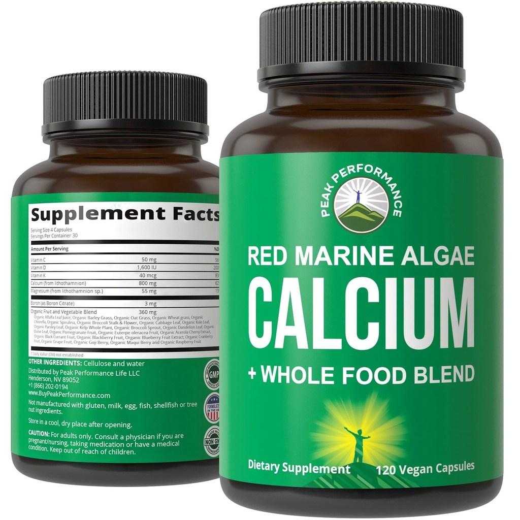 Augu bāzes kalcija - Red Marine Algae kalcija papildinājums ar vitamīnu C, D3, K, Magnijs, un visu pārtikas augu Blend. Vegan kapsulas kauliem un locītavām. Tabletes