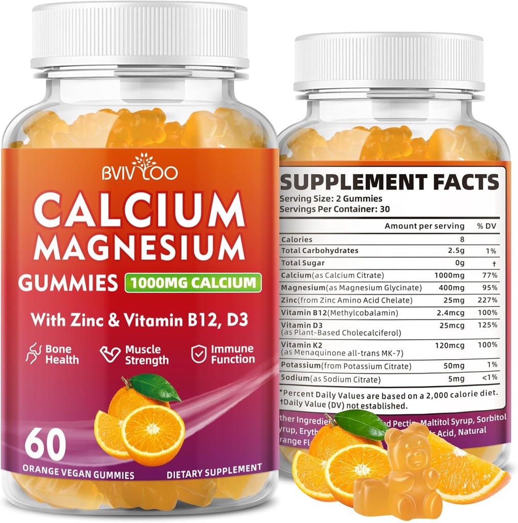 Kalcija Gumijas 1000mg ar vitamīnu D3 K2 & B komplekss, kālijs, kalcija magnija cinka Gumijas kaulu, muskuļu, garastāvoklis un imunitāte - Orange Flavor 60 Gumijas