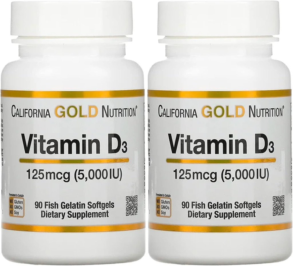 D3 vitamīna papildinājums pēc California Gold Nutrition - atbalsts veseliem kauliem un zobiem - Imūnsistēmas atbalsts - bez lipekļa, ne- GMO - 125 μg (5 000 SV) - 2 iepakojumā 90 zivju Želatīns Softgels Katrs