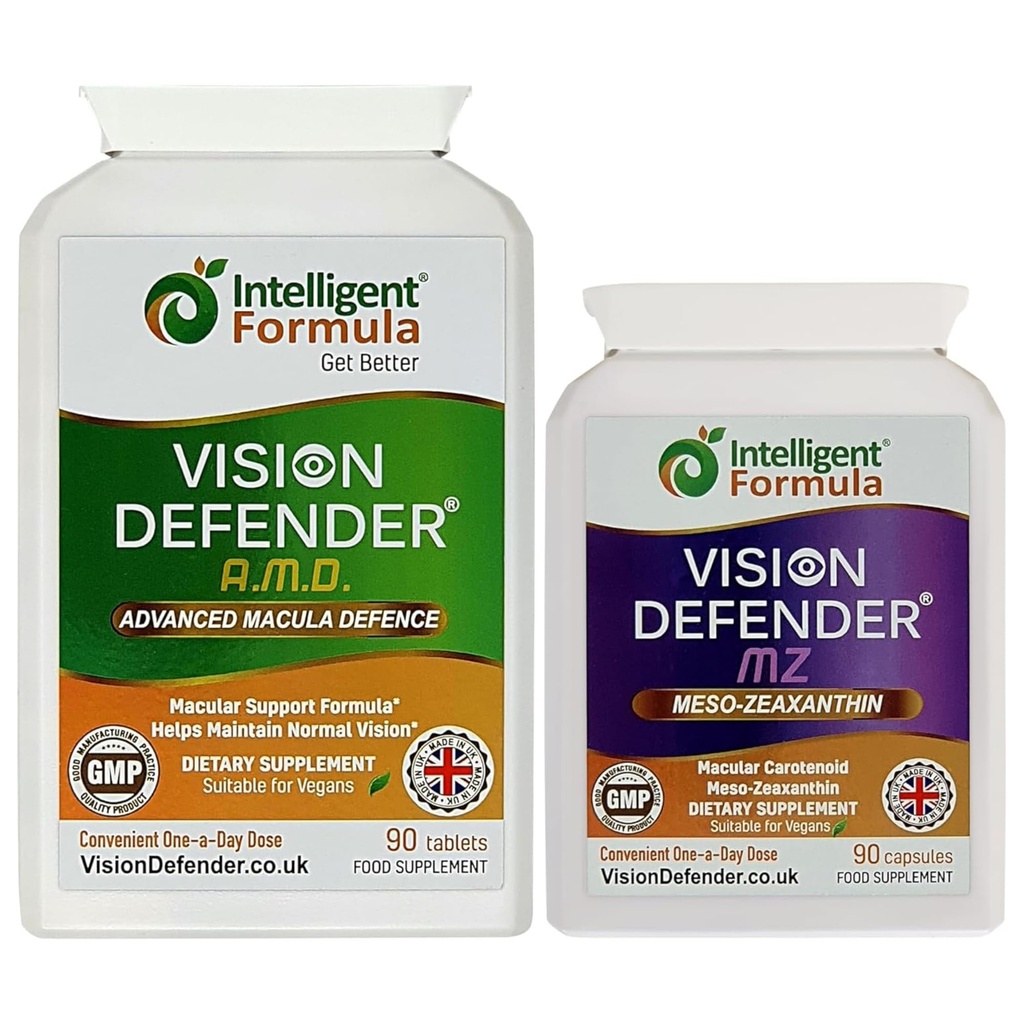 Vision Defender AMD un Vision Defender MZ Macula Health Bundle - ARED2 Formula Boosted by Optimum High Strength Meso-Zeaxanthin Vegan Veselības papildinājums (90 dienu piegādes)