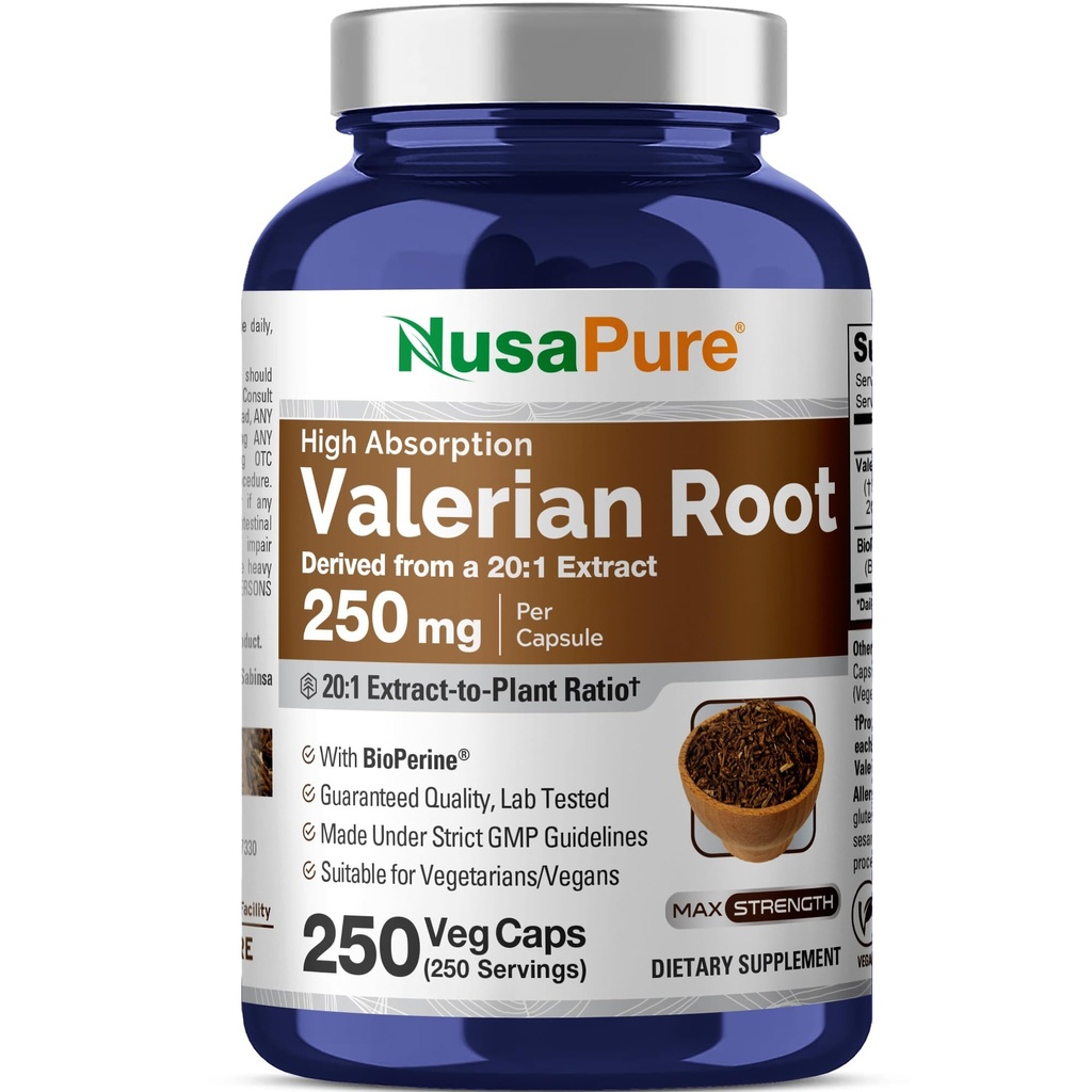 NusaPure Valerian Root 20:1 ekstrakts, 250 mg Ekvivalents 5000 mg Per Veggie Caps, 250 Count, Vegan, Non-GMO, Bioperine