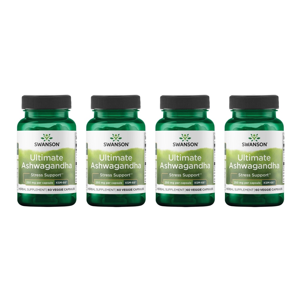 Swanson Ultimate Ashwagandha KSM-66 - Augu papildinājums, kas atbalsta veselīgu stresa līmeni un relaksācija - Dabas formula, lai veicinātu Calm & Relaxed Mindset - (60 Veggie kapsulas, 250mg katrs) (4 iepakojums)