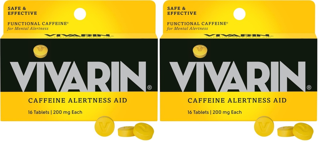 Vivarin, kofeīna tabletes, 200mg kofeīns vienā devā, droši un efektīvi palīdz jums palikt nomodā, Nav cukura, kalorijas vai slēptās sastāvdaļas, enerģijas papildinājums, 16 tabletes (iepakojums no 2)