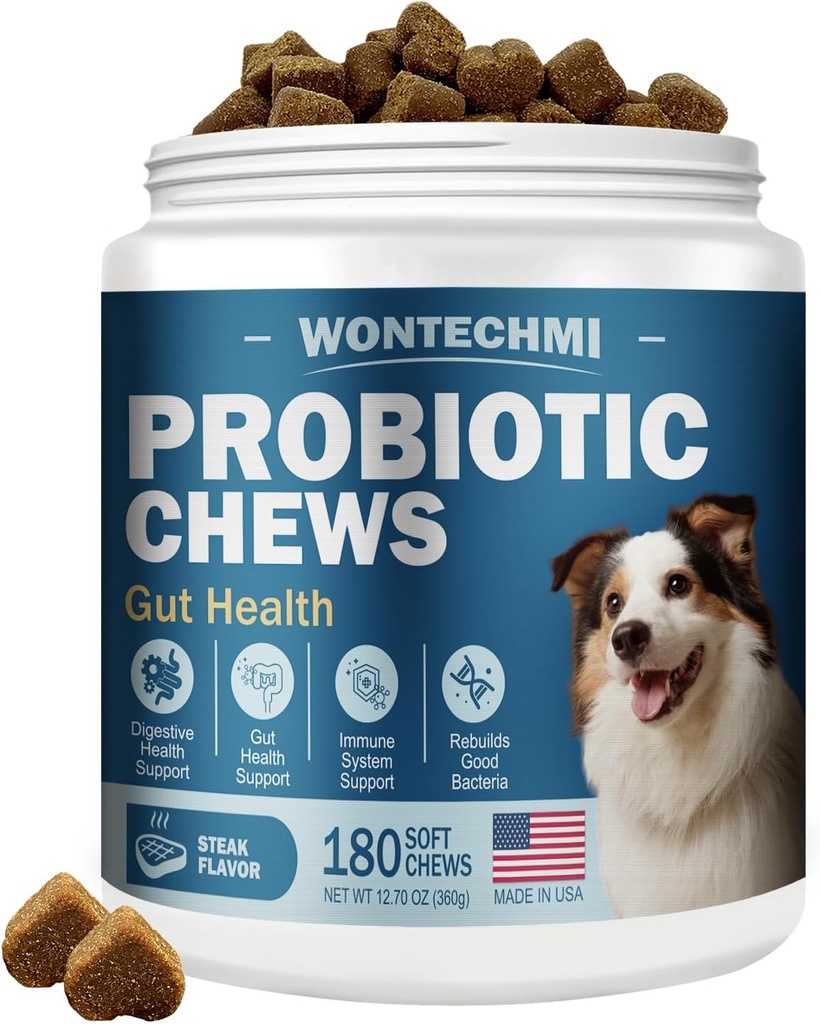 Probiotikas suņiem, Uzlabot niezošas ādas niezošas ausis, Gut Veselība, Rauga līdzsvars, Alerģijas, Immunitāte, Suņu probiotikas un gremošanas enzīmi ar prebiotikām, Samazināt Caureju (180 Chews, Steak)