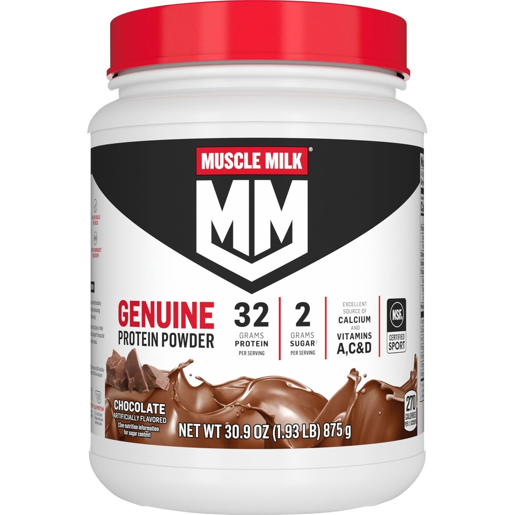 Muskuļu piens Genuine Olbaltumvielu pulveris, Šokolāde, 1.93 Dzērieni, 13 Servējumi, 32g Olbaltumvielas, 2g Cukura, Kalcijs, Vitamīni A, C & D, NSF Sertificēts sportam, Energizing Snack, Iepakojums May Vary
