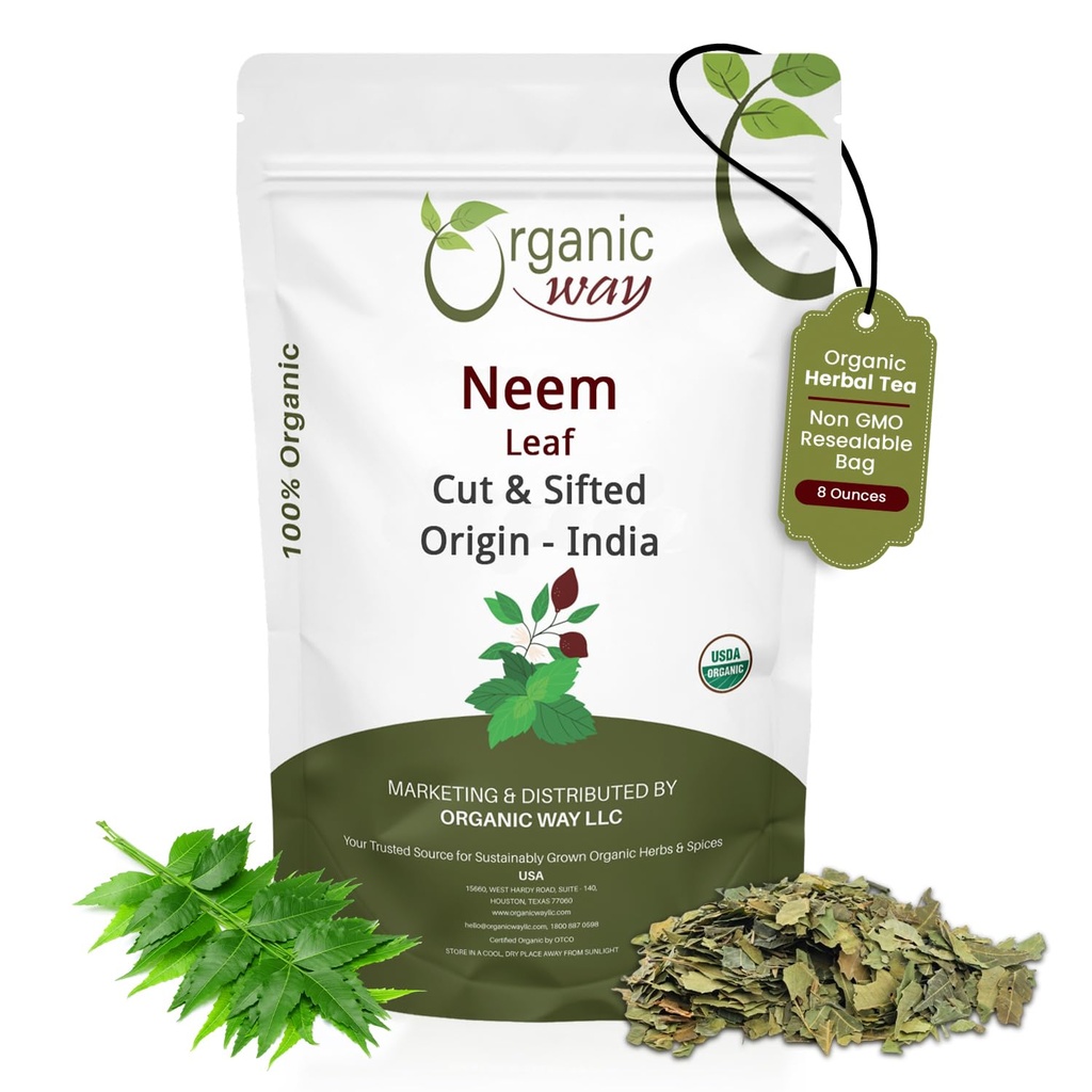 Organiskais ceļš Neem Leaf Cut and sifted -- Ārstniecības tēja -- Premium Neem Leaf -- USDA Sertificēts --- neĢMO un bez glutēna - Izcelsme - Indija (8 oz - 1/2 mārciņas)