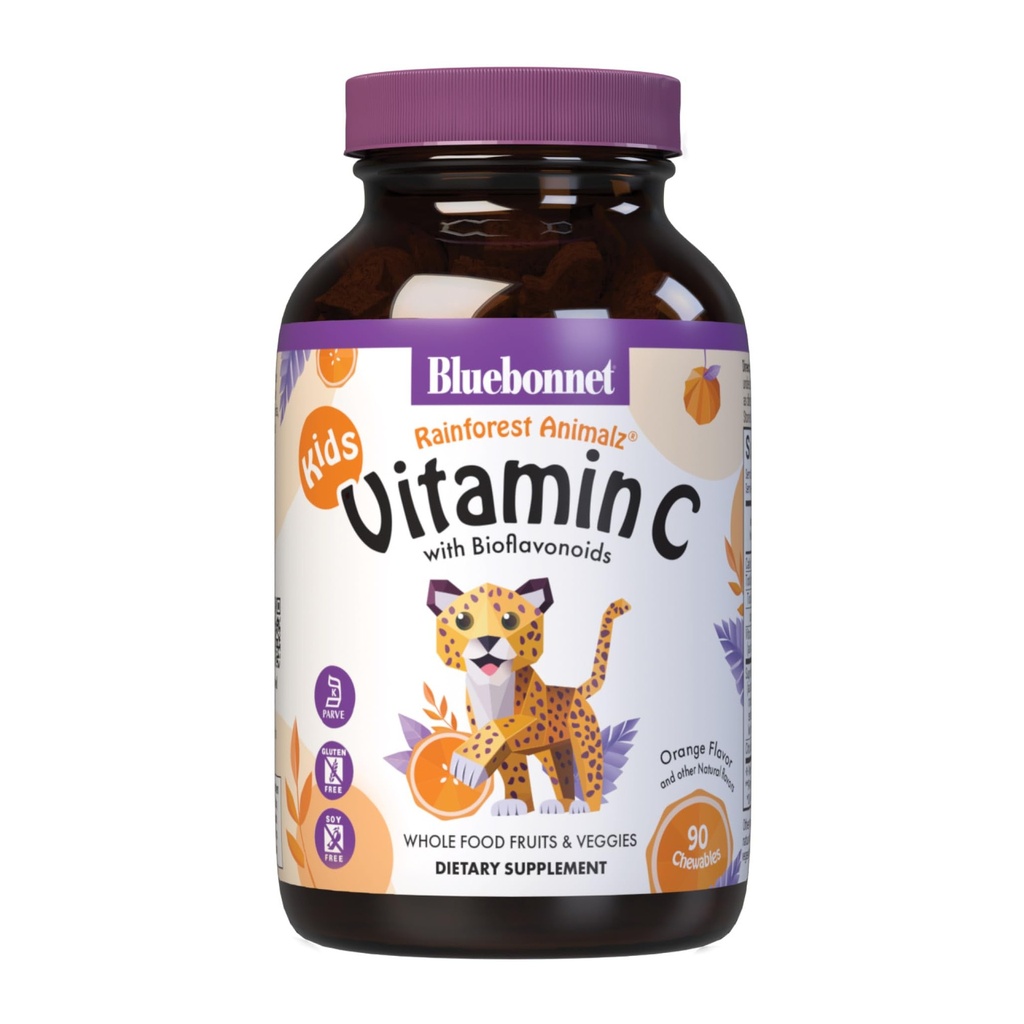 Bluebonnet Nutrition Rainforest Animalz C vitamīna Dzīvnieku forma Košļājamās tabletes, 250mg C vitamīna, bez sojas, bez lipekļa, košera Sertificēts, bez piena piedevas, vegans, 90 tabletes, 45 Pasniedzieni, oranžais Flavors