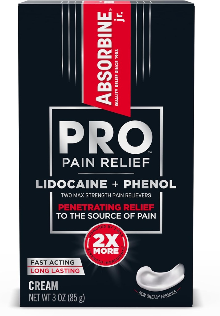 ABSORBINE JR. Absorbine Jr. PRO Max Strength Lidokaine Cream, maksimālais sāpju atvieglojums ar fenolu ātrai nervu sāpes, muskuļu sāpes, un locītavu diskomforts, negraizes formula, 3oz. Tūba, 1