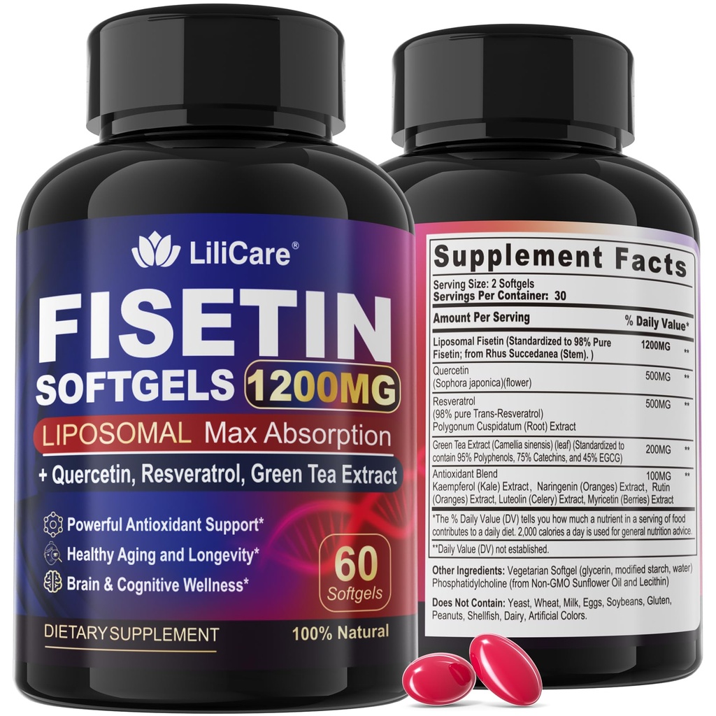 Fizetīns Papildinājums - Liposomālā Super Absorbcija 98% Pure 1200mg ar Quercetin, Resveratrol, Zaļās tējas ekstrakts veselīgai novecošanai un ilgizturībai, ādas veselība, smadzenes un antioksidants - 60 Softgels