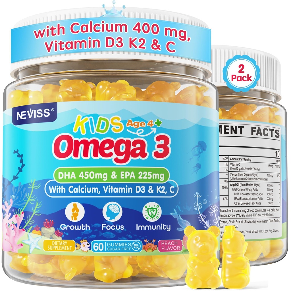 Kids Omega 3 Gumijas + kalcijs 400 mg + D3 vitamīns K2 + C, Omega-3 DHA un EPA papildinājums - bez zivju plīsumiem, bez cukura - bērni un pusaudži Om-ga 3 + multivitamīnu gumija spēcīgiem kauliem, smadzenēm, imūnās sistēmas, acīm, 2Iepakojums