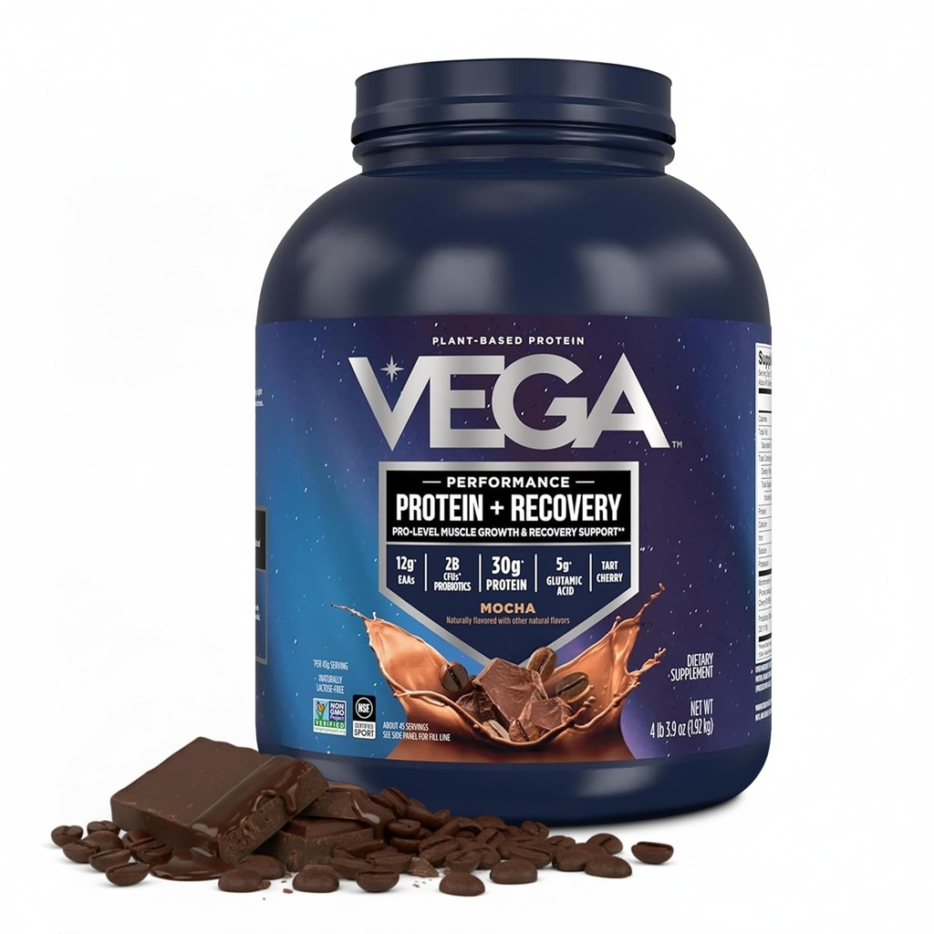 Vega Sports Vegan Olbaltumvielu pulveris + atgūšana - 30g Augu bāzes proteīns per Servē, Mocha, 45 Servē, 5g BCAAs, probiotikas, NSF Sertificēts, Shakes & Gludināšanas, 4.2lbs (iepakojums May Vary)