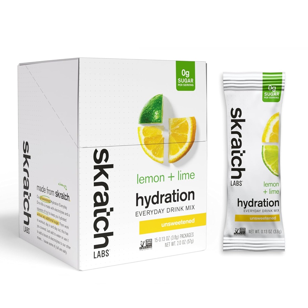 Skratch Labs Nesaldinātas elektrolītu pulvera paketes - Ikdienas hidratācija - Sporta dzēriens Mix - bez cukura - Elektrolīti Booster- Lemon + Laimi - 15 Kalpojumi - Keto, Paleo, Vegan, Non-GMO