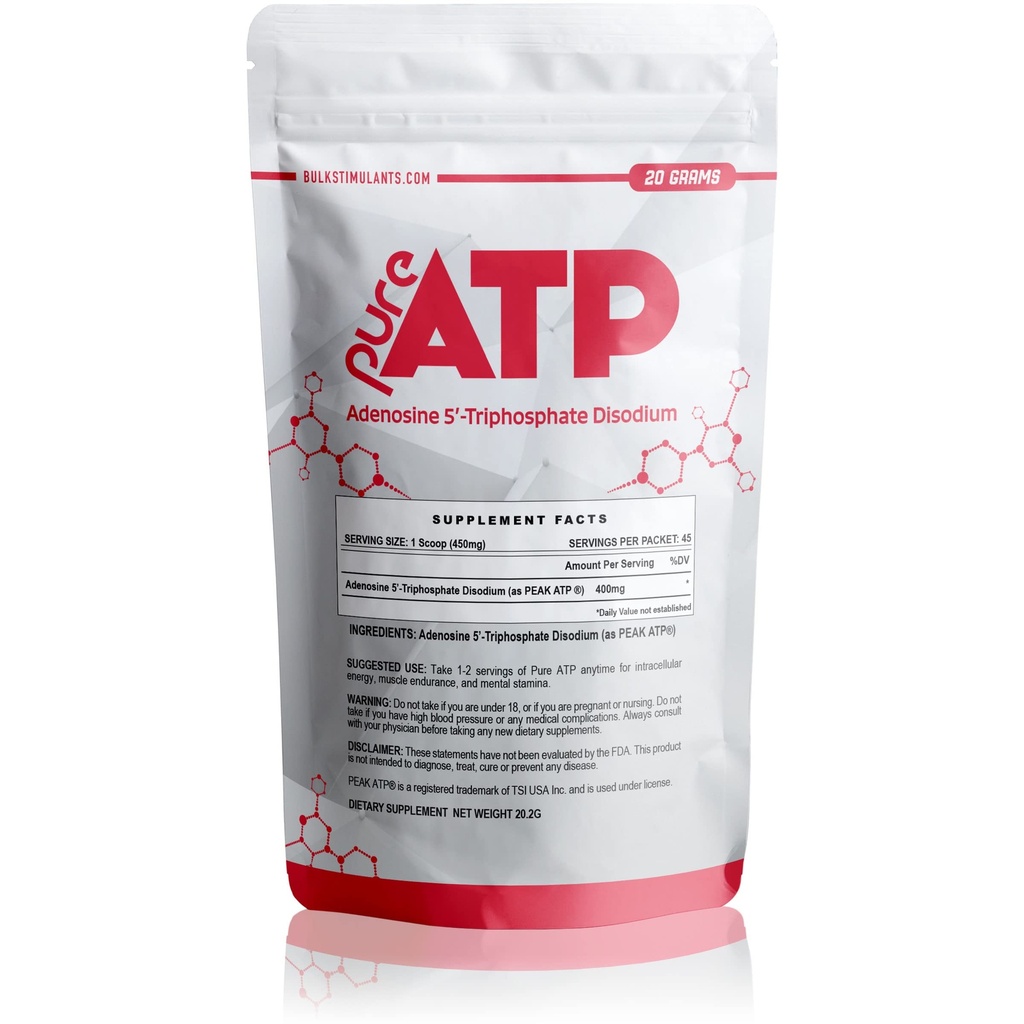 Beztaras stimulatori Pure ATP Adenozīna trifosfāta pulveris - Palielināt Enerģija, Izturība, Stiprums, Recovery & Muskuļu sūknis, Ātrāk nekā kreatīnu HMB & Slāpekļa oksīds, dabas Pre Workout Papildinājums - 20 Grams