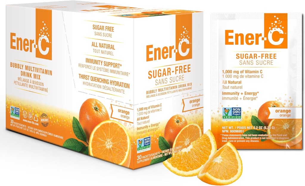 Ener-C Bezcukura enerģija Apelsīnu multivitamīnu dzēriens Mix Vitamīnu C 1000mg & Elektrolīti - Dabīgs Immunity Atbalsts ar reālu augļu sulu pulveri Ne-GMO Vegan & Gluten Bezmaksas - 30 Skaits