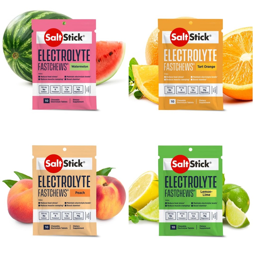 SaltStick ātri košļājamās, Elektrolītu nomaiņas tabletes rehidratācijai, Exercise Recovery, Youth & Adult Sportists, Pārgājiens, Sporta atgūšana, 10ct Variety 4-Iepakojums
