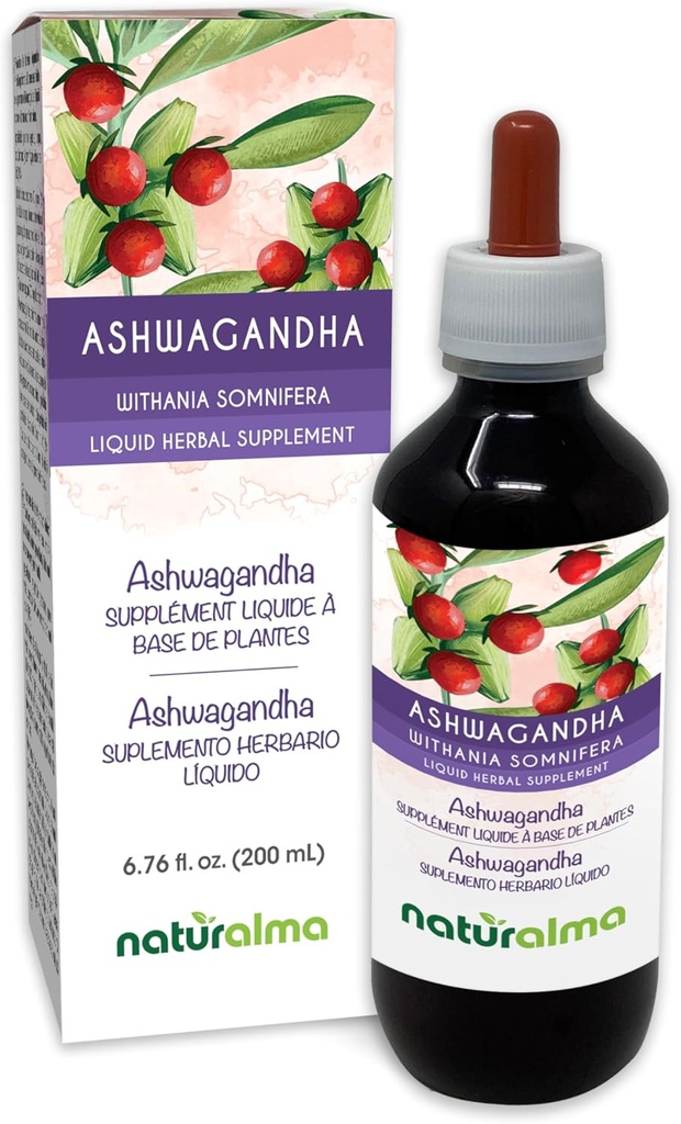 Naturalma Ashwagandha (Witania somnifera) Sakne Alkohola beztinktūra - 6.76 fl oz Šķidrais ekstrakts pilienos - Augu papildinājums - Vegan