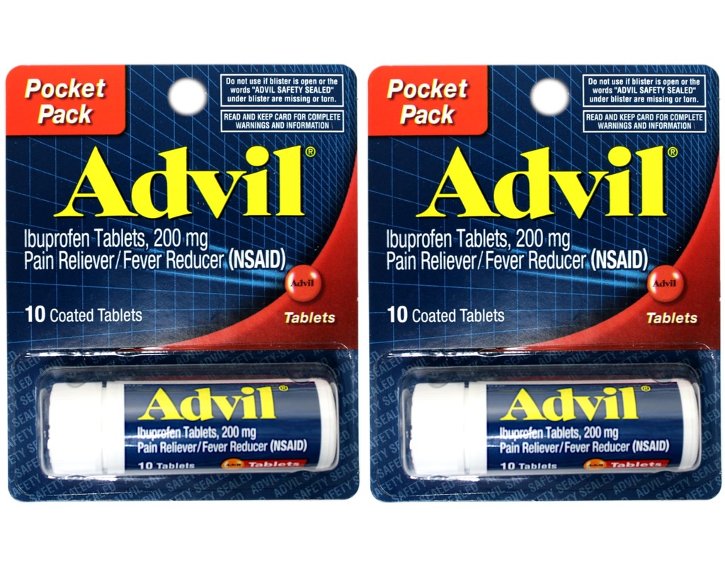 2 Iepakojums ar kabatas iepakojumu Advil Pain Reliever / Drudzis Reducētājs Ibuprofēns 200 mg - 10 apvalkotās tabletes PER iepakojumā (20 tabletes kopā)
