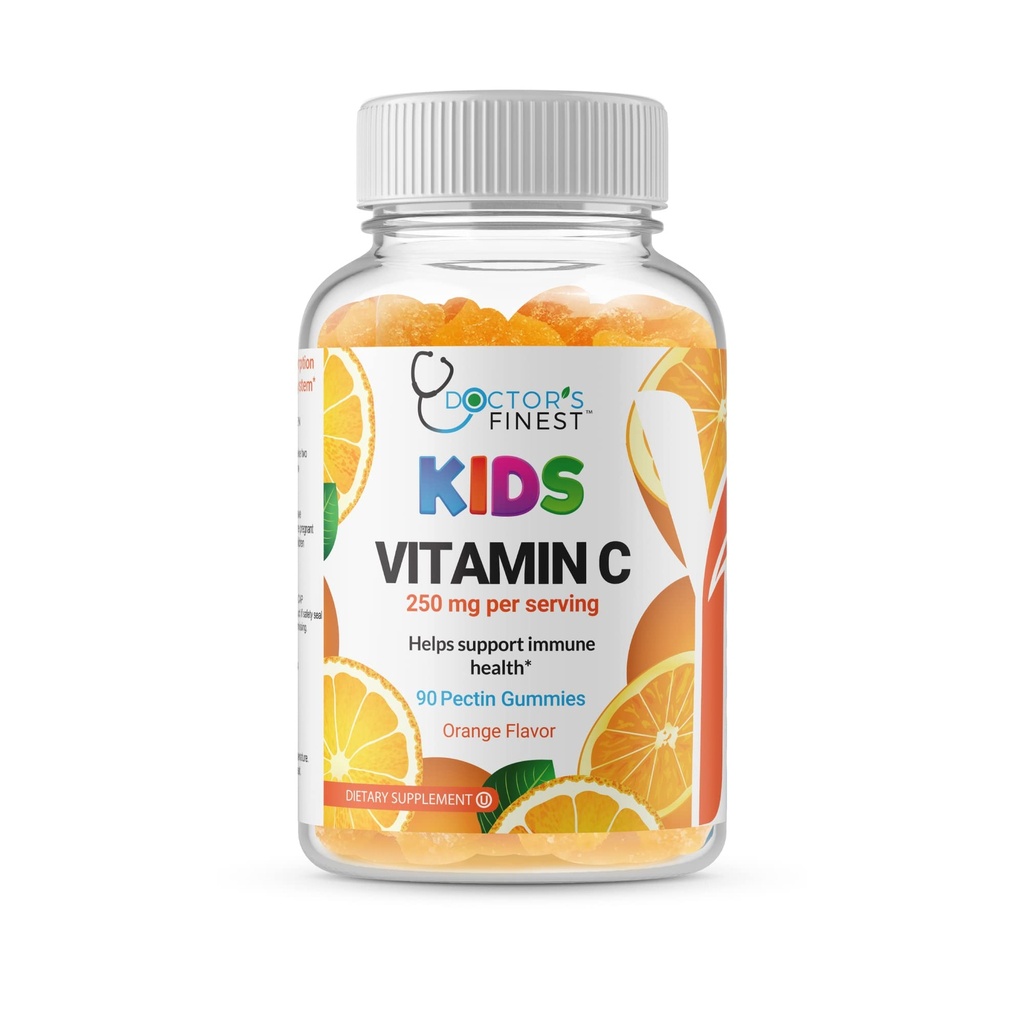 Ārsti Finest vitamīns C Gummies bērniem – Vegāns, bez ĢMO un lipekļa – Great Tasting Orange Pectin Chews – Kids Diētiskā Papildinājums – 250mg C vitamīna – 90 Jellies [45 Devas]
