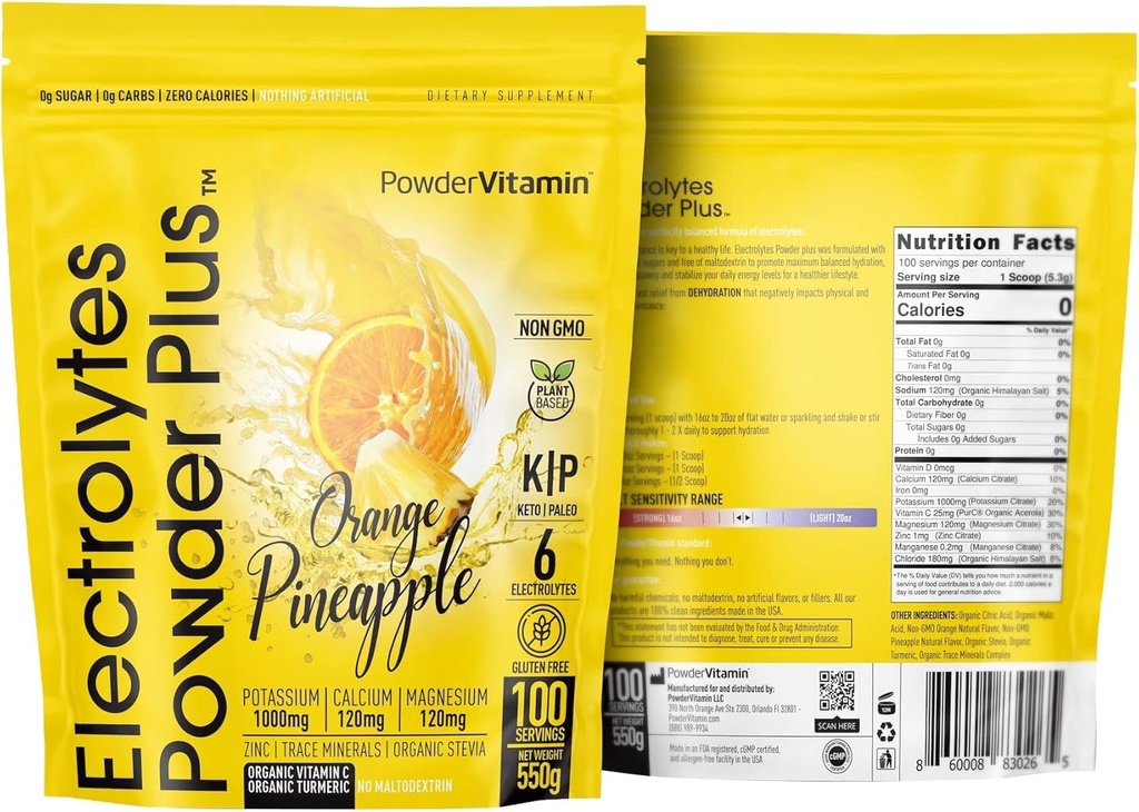 Pulveris Vitamīnu elektrolītu pulveris Plus (100 Servogs) Orange Ananasu elektrolītu pulveris Zero Calorie, Keto, 0 Cukurs, Nē Maltodekstrīns, 1000mg Kālija,120mg Kalcijs,120mg Magnija hidrācija Pulveris