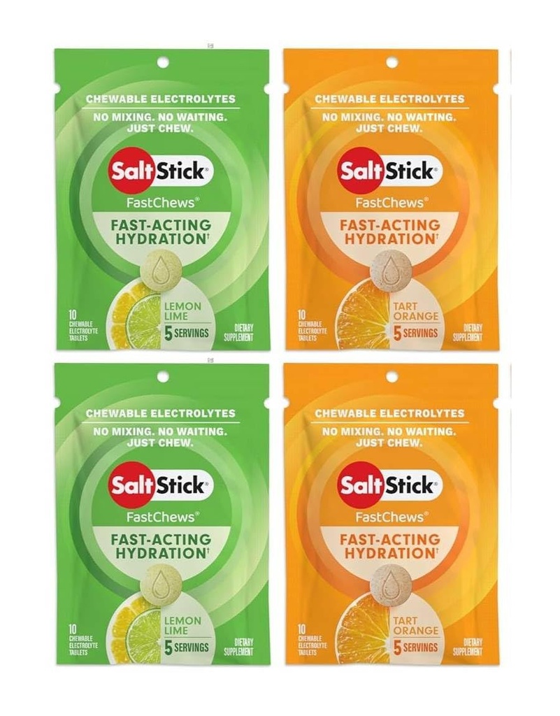 SaltStick FASTCHEWS® Noturīgs, Variety 4 Tart Orange un Zesty Lemon-Lime iepakojums